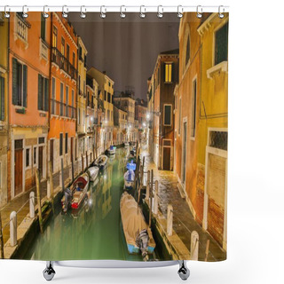 Personality  Scenic View Of Canal With Boats And Colourful Houses At Night, Venice, Veneto, Italy, Europe Shower Curtains