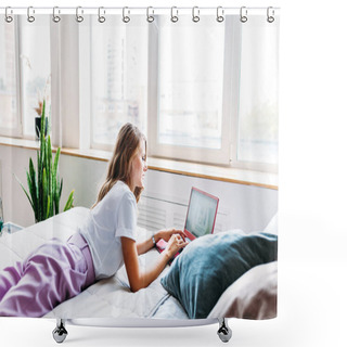 Personality  Girl Lying On Bed With Working On Laptop, Entertainment, Remote Work, Freelance, Home Office Shower Curtains