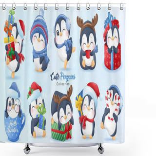Personality  Cute Doodle Penguins Set For Christmas Day With Watercolor Illustration Shower Curtains