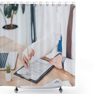 Personality  Cropped View Of Worker With Broken Arm In Gypsum Sitting At Table And Filling Out Document In Office, Compensation Concept Shower Curtains