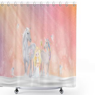 Personality  Unicorn With Little Fairies Flying And Cute Princess Walking On Snow At Magic Wonderland,Cartoon Fantasy Winter Landscape For Merry Christmas Or Happy New Year Greeting Card For Kids Shower Curtains