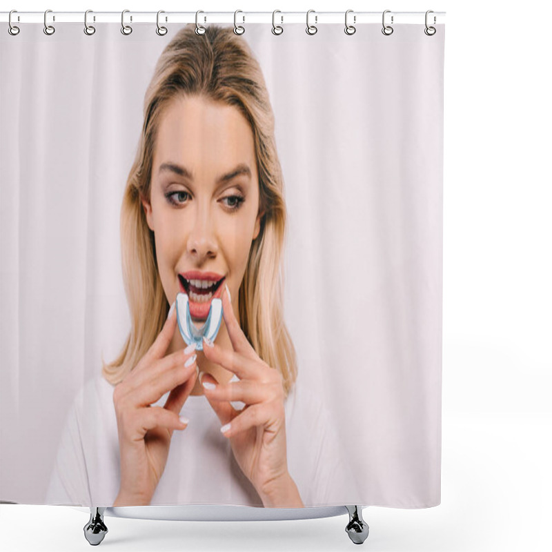 Personality  Beautiful Woman Putting On Orthodontic Trainer Dental Braces Isolated On White Shower Curtains