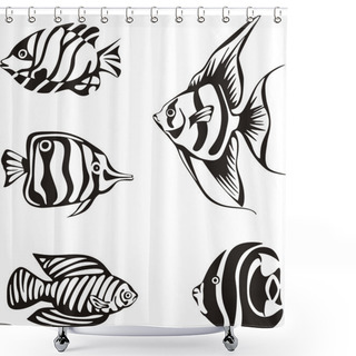 Personality  Set Of Black And White Tropical Fish Shower Curtains