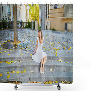 Personality  Beautiful Young Woman In White Dress Sitting On The Stairs With Yellow Autumn Leaves On Famous Montmartre Hill In Paris, France At Early Morning Shower Curtains