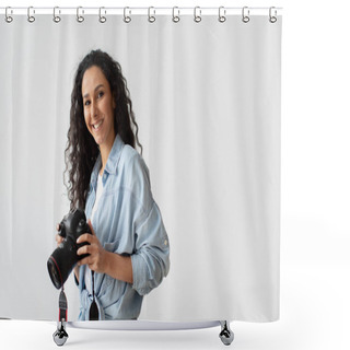 Personality  Photographer Woman Holding Photo Camera Posing Over White Wall Shower Curtains