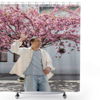 Personality  African American Man In Shirt Jacket Walking Near Pink Cherry Tree Shower Curtains