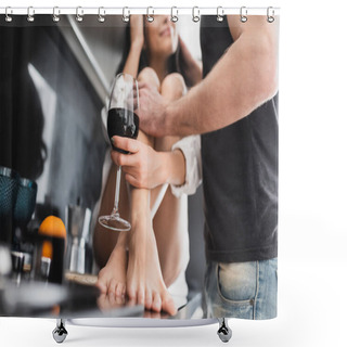 Personality  Selective Focus Of Man Embracing Sexy Girlfriend In Shirt With Glass Of Wine On Kitchen Worktop  Shower Curtains