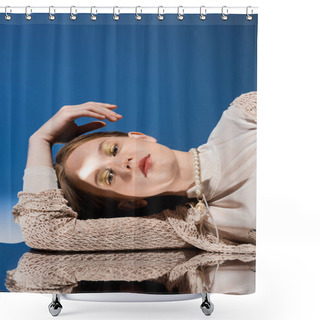 Personality  Mermaid In Knitted Cardigan And Pearl Necklace Looking At Camera Near Reflective Surface On Gradient Blue Background  Shower Curtains