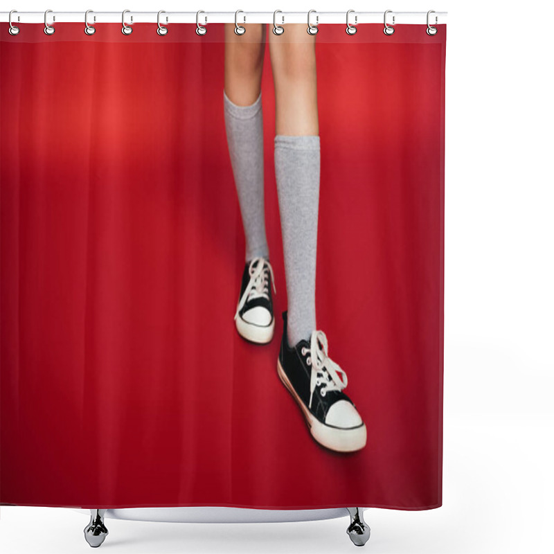 Personality  Partial View Of Child In Grey Knee Socks Wearing Black And White Gumshoes On Red Background Shower Curtains