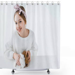 Personality  Beautiful Girl Holding Adorable Furry Rabbits And Smiling At Camera On White Shower Curtains