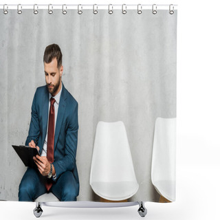 Personality  Handsome Bearded Man Sitting On White Chair And Holding Clipboard  Shower Curtains