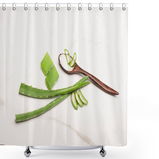 Personality  Aloe Vera Leaves Near Slices, And Wooden Spoon With Homemade Cosmetic Cream On White Shower Curtains