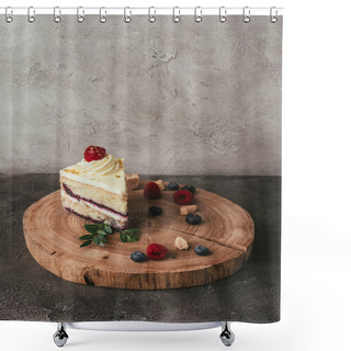 Personality  Piece Of Delicious Fruity Cake With Whipped Cream On Wooden Board Shower Curtains