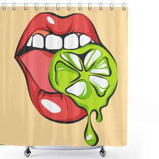 Personality  Sexy Lips With Juicy Lime. Pop Art Mouth Biting Citrus. Close Up View Of Cartoon Girl Eating Fruit. Vector Illustration Shower Curtains