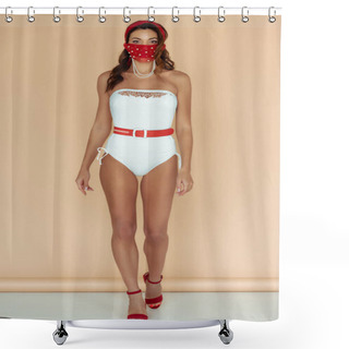 Personality  Stylish Girl In Bathing Suit And Mask Walking On Beige  Shower Curtains
