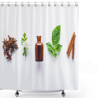 Personality  Elevated View Of Bottle Of Aromatic Essential Oil, Cinnamon Sticks, Carnation And Green Leaves Isolated On White Shower Curtains