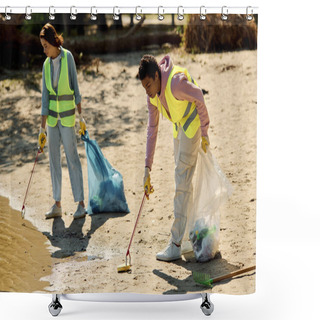 Personality  Couple In Safety Vests & Gloves Working Together In The Sand At The Park. Shower Curtains