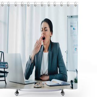 Personality  Sleepy Latin Businesswoman Yawning With Closed Eyes While Sitting At Workplace In Office Shower Curtains