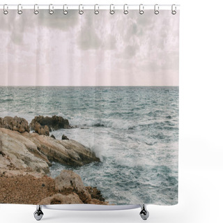 Personality  Coastline With Stones Near Mediterranean Sea Against Sky With Clouds  Shower Curtains
