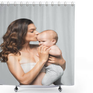 Personality  Portrait Of Attractive Mother Kissing Baby Boy, Isolated On Grey Shower Curtains