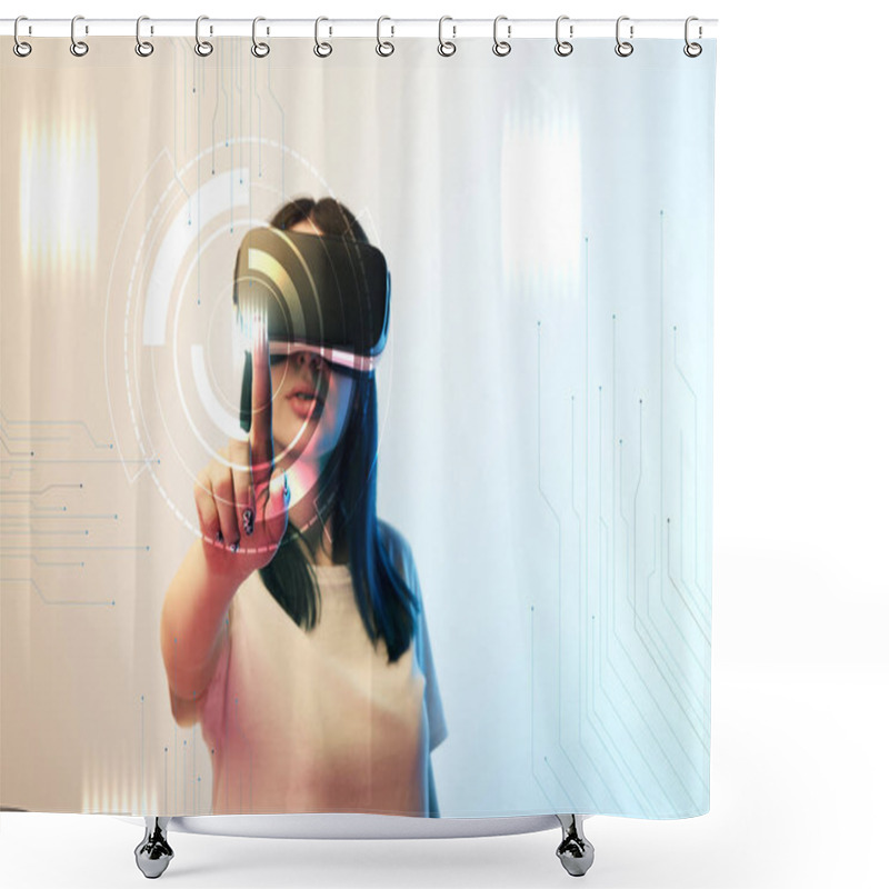 Personality  Young Woman In Vr Headset Pointing With Finger At Network Illustration On Beige And Blue Background Shower Curtains