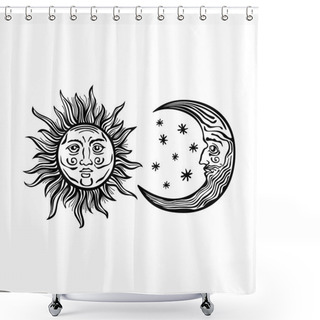 Personality  Illustration Sun Moon Star Human Faces Retro Vintage Vector Folklore Shower Curtains