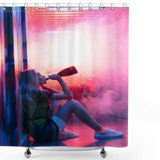 Personality  Side View Of Attractive And Blonde Woman Sitting On Floor And Drinking Champagne Shower Curtains