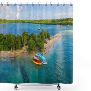 Personality  Beautiful Tropical Barbados Island. View Of The Golden Beach With Palms And Crystal Clear Water. Perfect Holidays Background. Shower Curtains