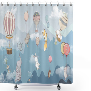 Personality  Balloons And Animals On The Background Of Clouds And Mountains Shower Curtains