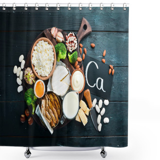 Personality  Products Containing Natural Calcium: Cheese, Milk, Parmesan, Sour Cream, Fish, Almonds, Parsley, Garlic, Broccoli. On A Black Wooden Background. Top View. Free Copy Space. Shower Curtains