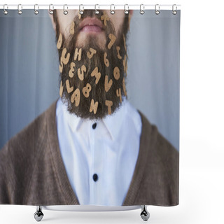 Personality  Closeup Of Handsome Bearded Man With Letter Stickers On Gray Background Shower Curtains