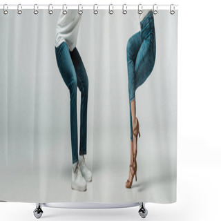 Personality  Panoramic Shot Of Dancers In Denim Jeans Dancing Bachata On Grey Background  Shower Curtains