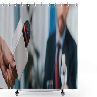 Personality  Panoramic Shot Of Journalist Holding Microphone Near Diplomat  Shower Curtains