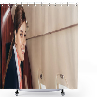 Personality  Panoramic Shot Of Smiling Flight Attendant In Uniform Looking At Camera In Private Plane  Shower Curtains