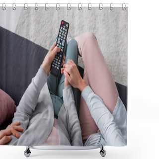 Personality  Top View Of Woman Holding Hand Of Senior Mother With Remote Controller On Couch  Shower Curtains