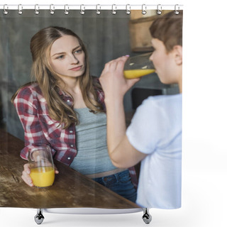 Personality  Young Women Drinking Fresh Orange Juice On Kitchen Shower Curtains