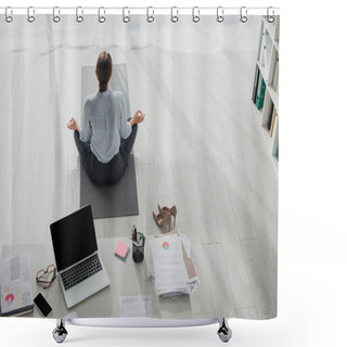 Personality  Back View Of Businesswoman Practicing Yoga In Lotus Position With Gyan Mudra On Mat In Office With Laptop Shower Curtains