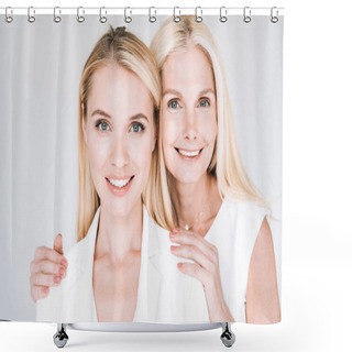 Personality  Smiling Blonde Mature Mother Embracing Beautiful Young Daughter In Total White Clothes Isolated On Grey Shower Curtains