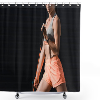 Personality  Cropped View Of Sportive Girl Exercising With Stretching Band Shower Curtains