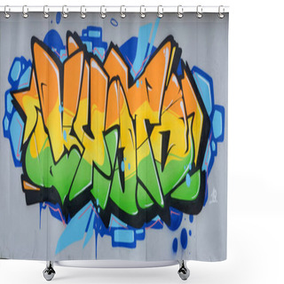 Personality  Fragment Of Colored Street Art Graffiti Paintings With Contours And Shading Close Up. Background Texture Of Youth Contemporary Art Culture. Orange Yellow And Green Colors Shower Curtains