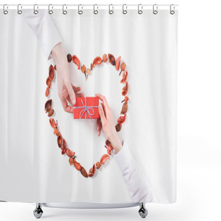 Personality  Cropped Image Of Boyfriend Presenting Girlfriend Gift On Valentines Day Isolated On White Shower Curtains