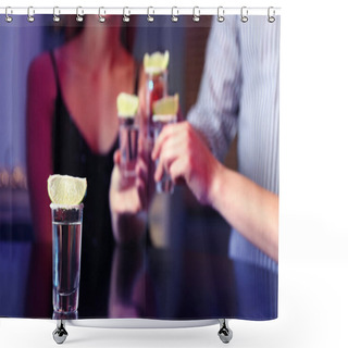Personality  Mexican Tequila Shot On Table And Young People Toasting In Bar Shower Curtains