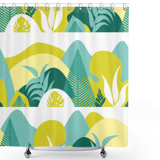 Personality  Seamless Pattern. Mountain Hilly Landscape With Tropical Plants And Trees, Palms, Succulents. Scandinavian Style. Environmental Protection, Ecology. Park, Exterior Space, Outdoor. Vector Illustration. Shower Curtains