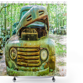 Personality  Old Green Ford Pickup With Hood Up Shower Curtains
