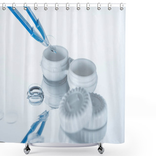 Personality  Close Up View Of Container For Contact Lenses And Tweezers On White Backdrop Shower Curtains