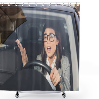 Personality  Angry Woman Shouting And Gesturing While Driving Car On Blurred Foreground Shower Curtains