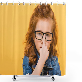 Personality  Portrait Of Cute Little Kid In Eyeglasses Isolated On Yellow Shower Curtains