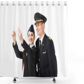 Personality  Airline Captain And Stewardess Taking Selfie Isolated On White Shower Curtains