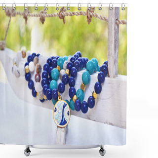 Personality  Blue Agate Gemstone Bracelets - Greek Jewelry With Evil Eye Shower Curtains