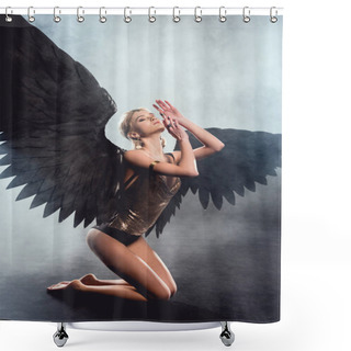 Personality  Beautiful Sexy Woman With Black Angel Wings Sitting And Gesturing With Hands On Dark Smoky Background Shower Curtains